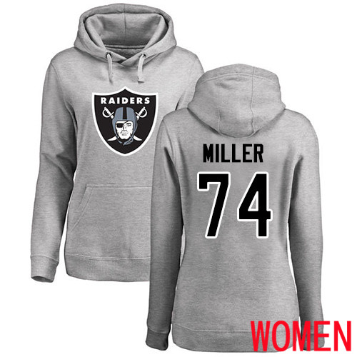 Oakland Raiders Ash Women Kolton Miller Name and Number Logo NFL Football 74 Pullover Hoodie Sweatshirts